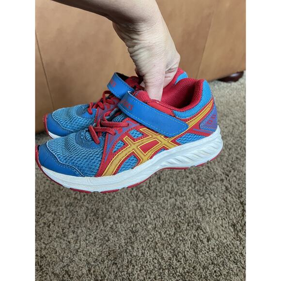 Asics little kid sz. 13 blue & red one strap sneaker. Cute, ** nt desc - Picture 1 of 13